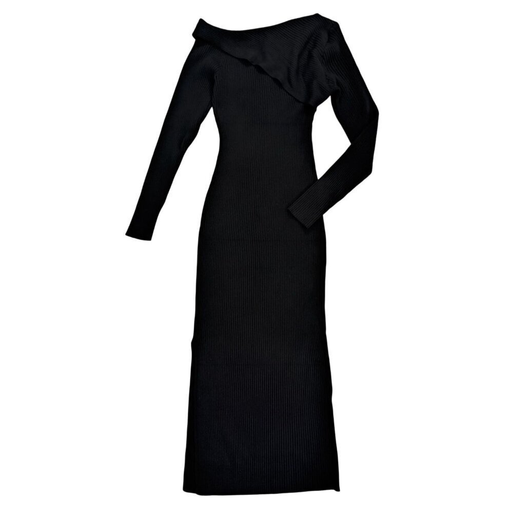 Women’s Black Ribbed Knit Dress S – Asymmetrical Neck Long Sleeve Casual Chic.